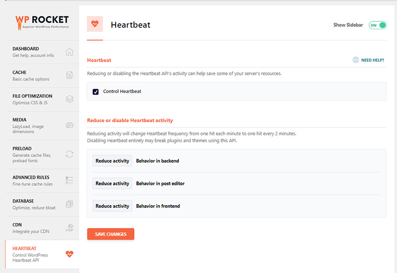 Screenshot of the heartbeat settings page in WP Rocket settings.